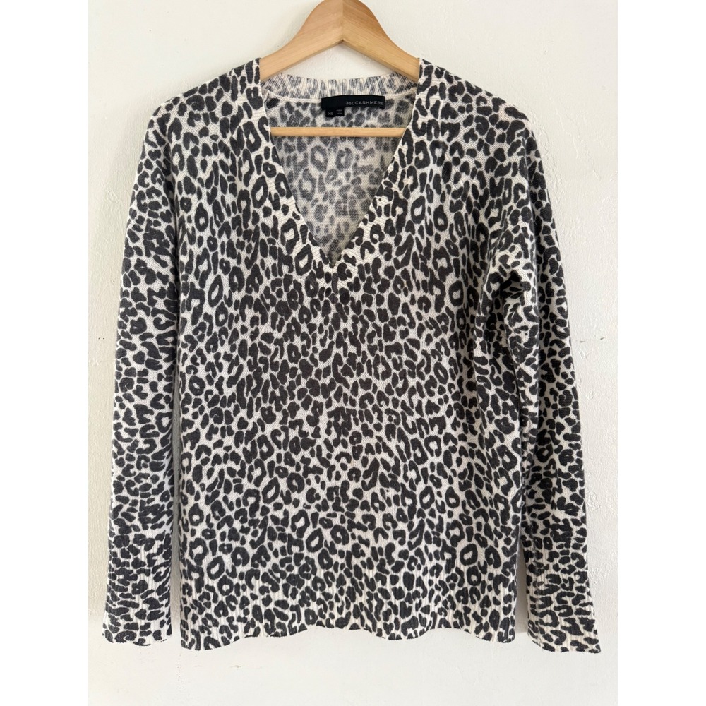 360 Cashmere Womens Leopard Print‎ V-Neck Sweater Grey White 100% Cashmere XS
